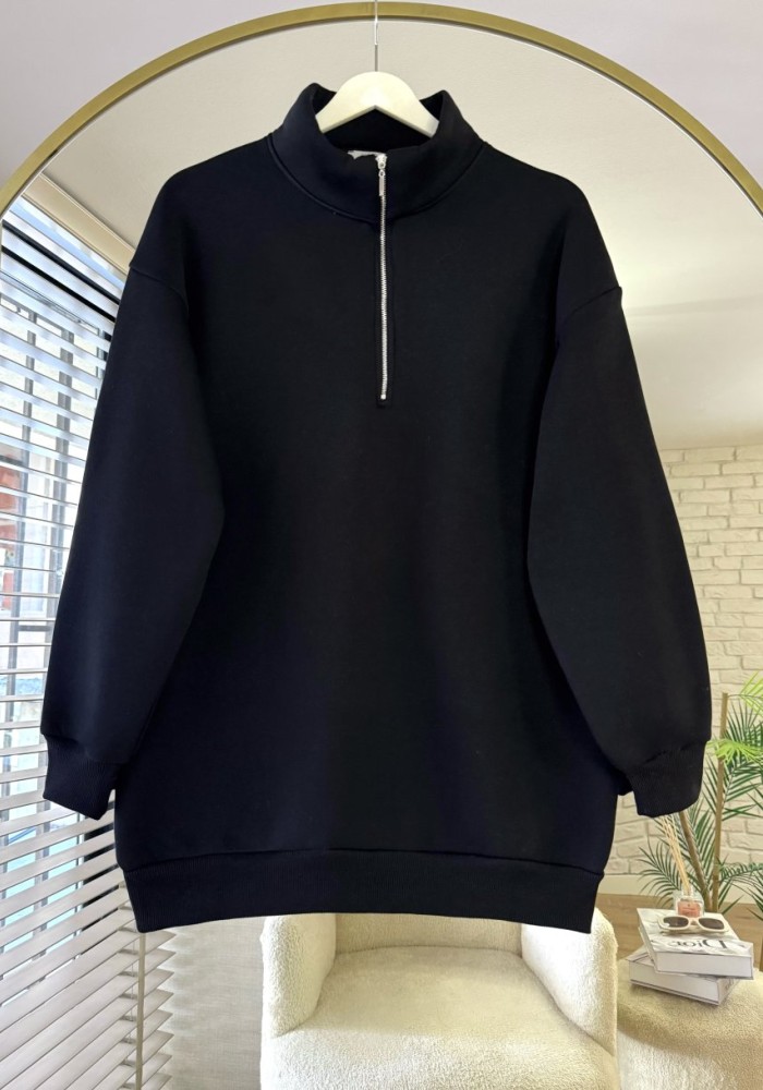 Yarım Fermuarlı Üç İplik Sweatshirt Siyah