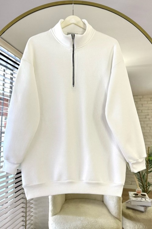 Yarım Fermuarlı Üç İplik Sweatshirt Beyaz