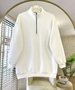 Yarım Fermuarlı Üç İplik Sweatshirt Beyaz