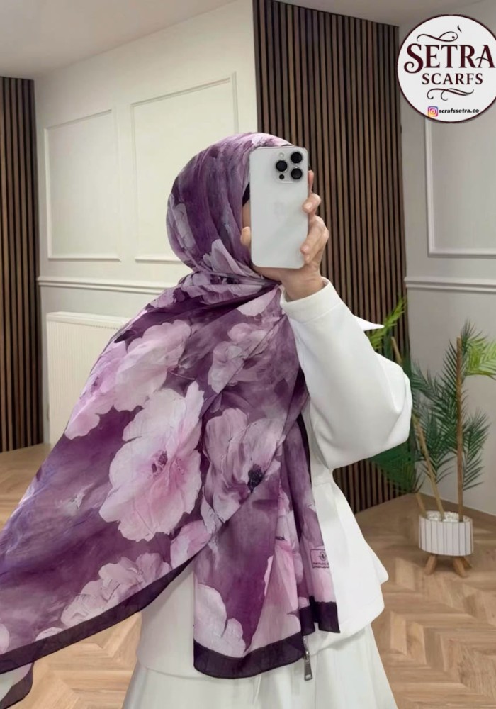 Çiçek Desenli Bambu şal Lila