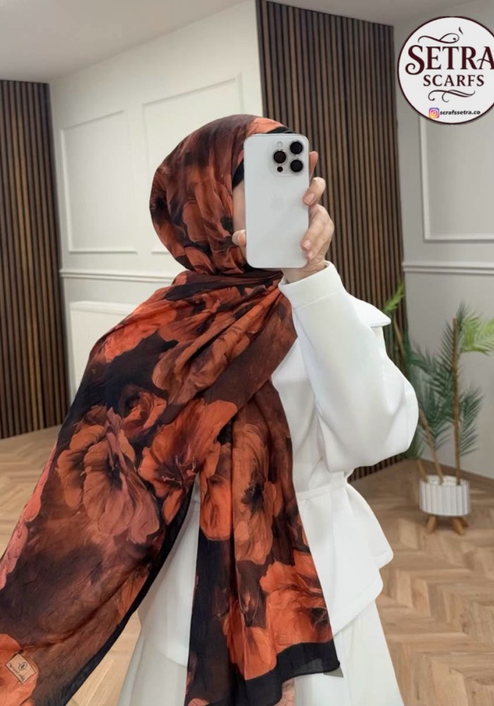 Çiçek Desenli Bambu şal Turuncu