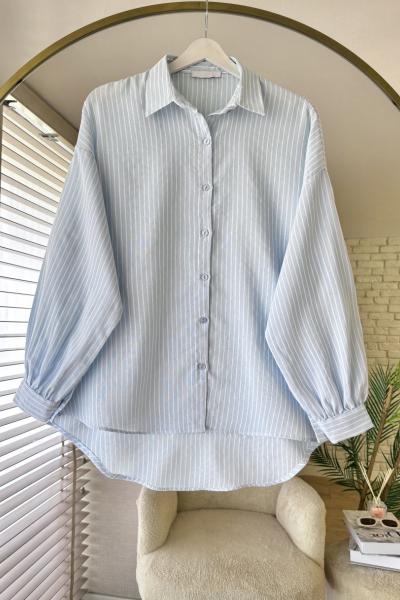 Çizgili Oversize Gömlek Bebe Mavisi