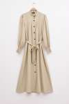 Boydan Düğmeli Kuşaklı Elbise Bej