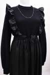Fırfır Detaylı Deri Görünümlü Elbise Siyah